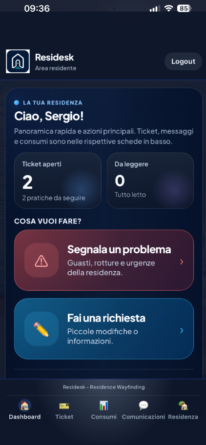 Dashboard dell’app residente Residesk con le azioni Segnala un problema e Fai una richiesta
