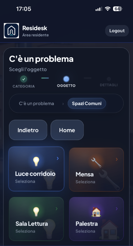 App residente Residesk: selezione di area, piano o camera