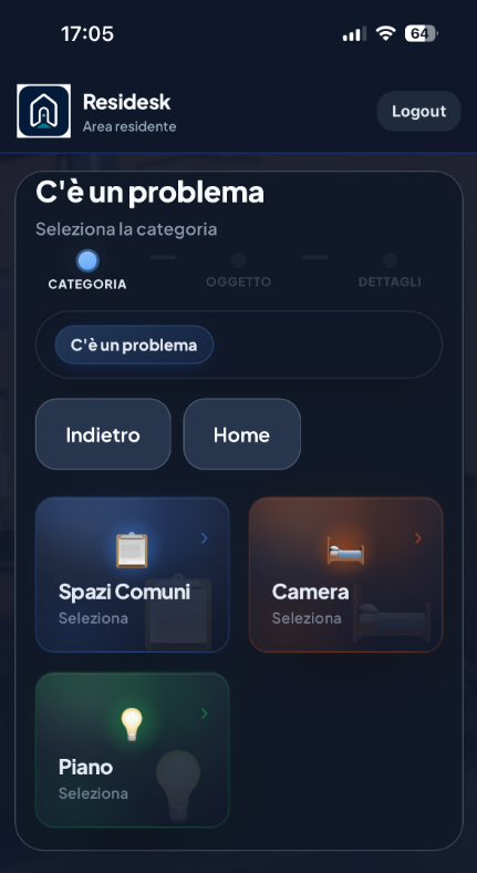 App residente Residesk: selezione della categoria della richiesta
