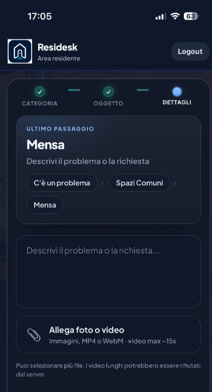 App residente Residesk: descrizione del ticket e caricamento di foto o video