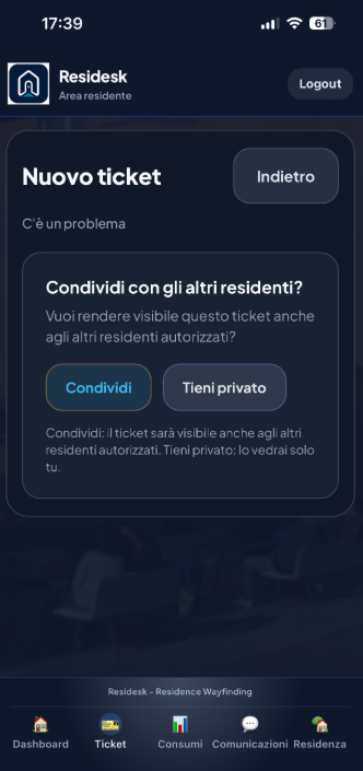 App residente Residesk: scelta tra ticket condiviso con gli altri residenti o privato